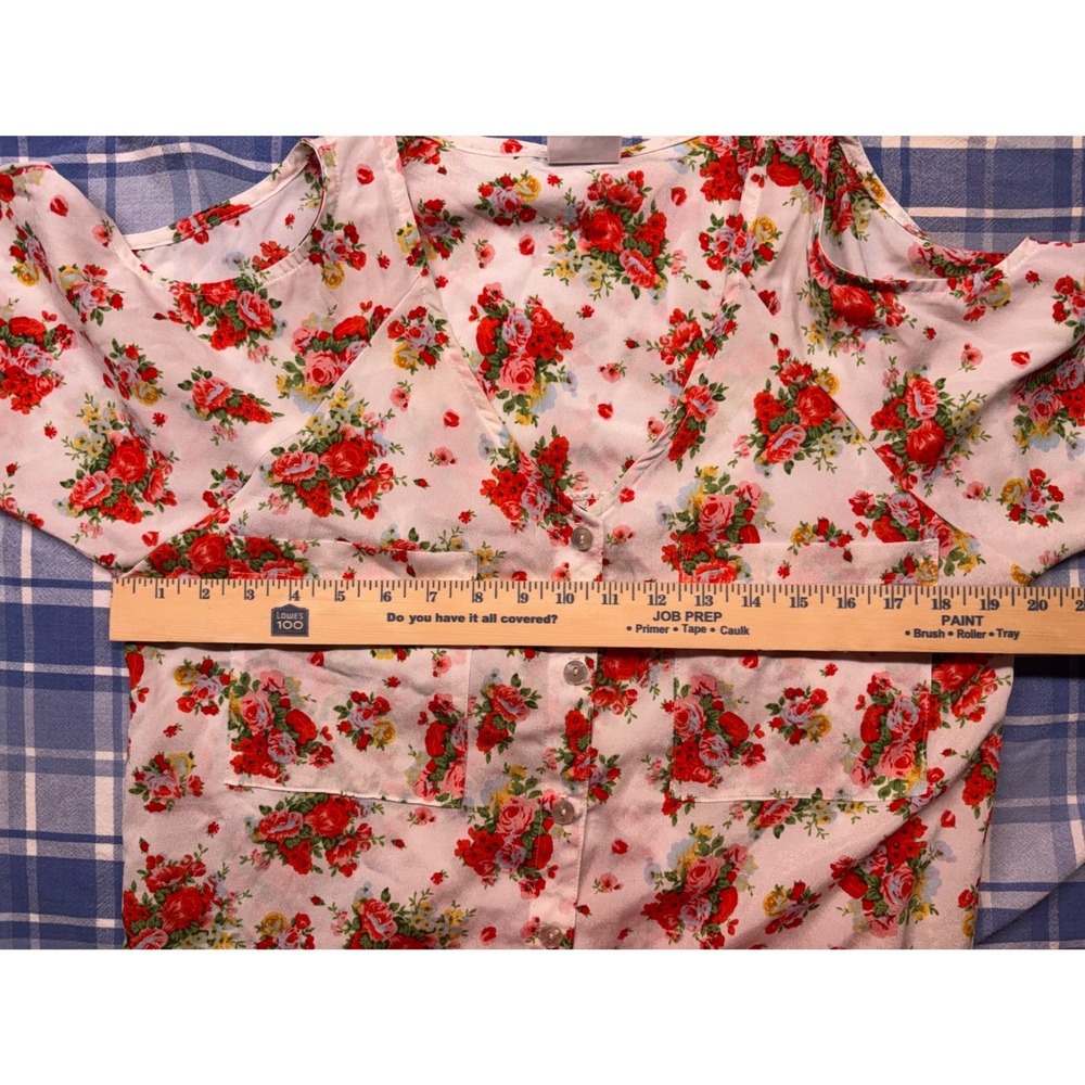Lucy Love Floral Cold Shoulder Blouse Womens Large White Red Boho‎ Button Up Top - Picture 7 of 12